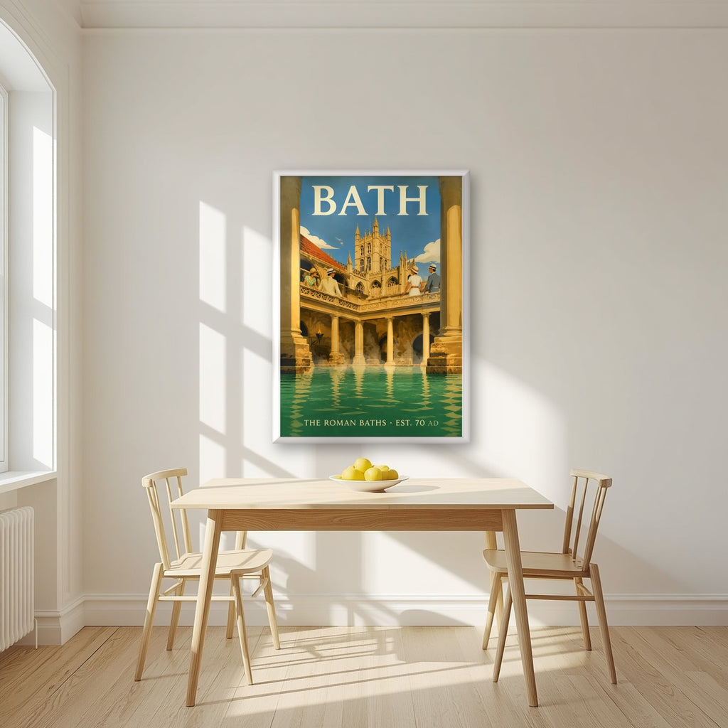 The Roman Baths in a white frame, above a dining table in a bright kitchen