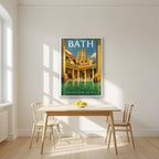 The Roman Baths in a white frame, above a dining table in a bright kitchen