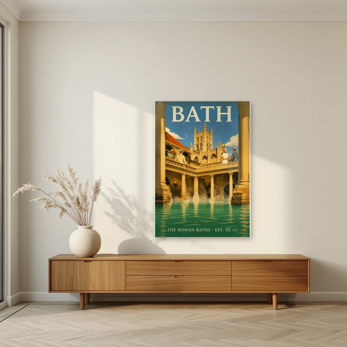 The Roman Baths as an unframed print, above a walnut sideboard in a living room