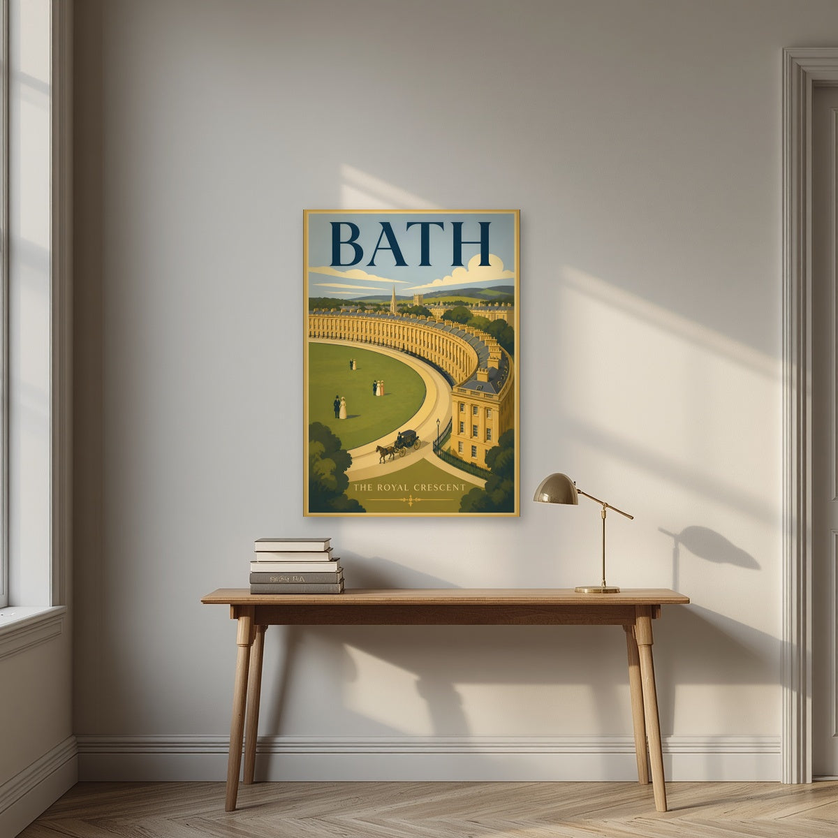 The Royal Crescent as an unframed print, above an oak writing desk