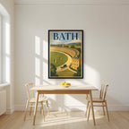The Royal Crescent in a black frame, above a dining table in a bright kitchen