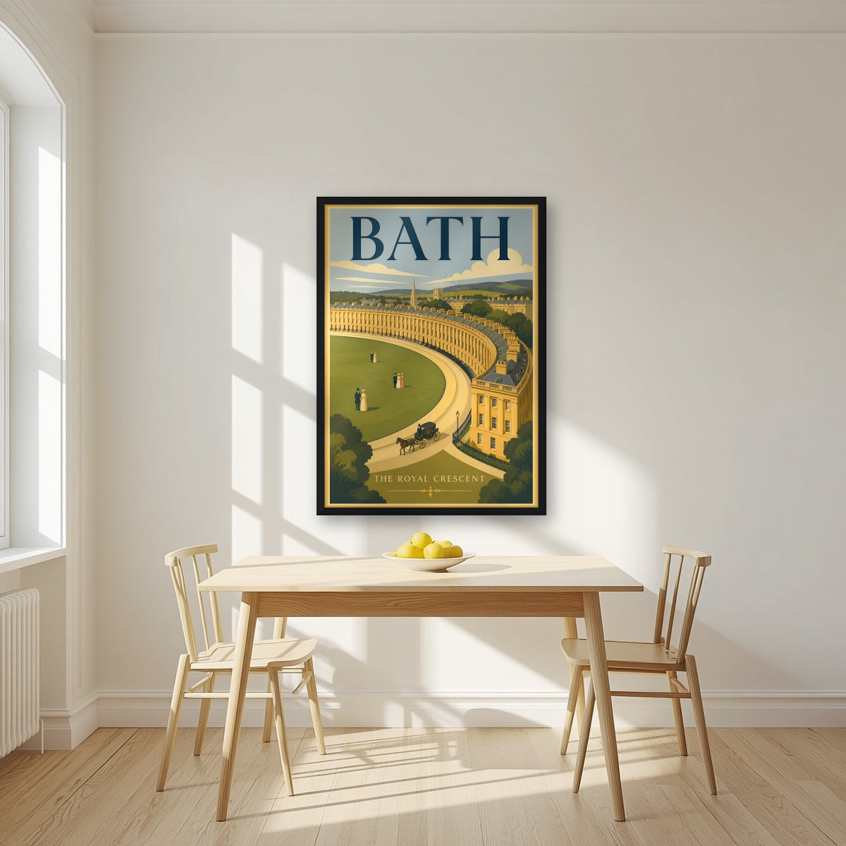 The Royal Crescent in a black frame, above a dining table in a bright kitchen