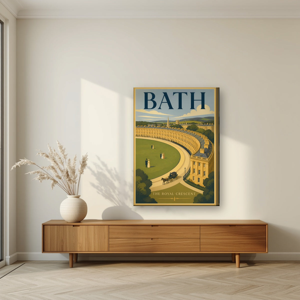 The Royal Crescent on a slim-edge canvas, above a walnut sideboard in a living room