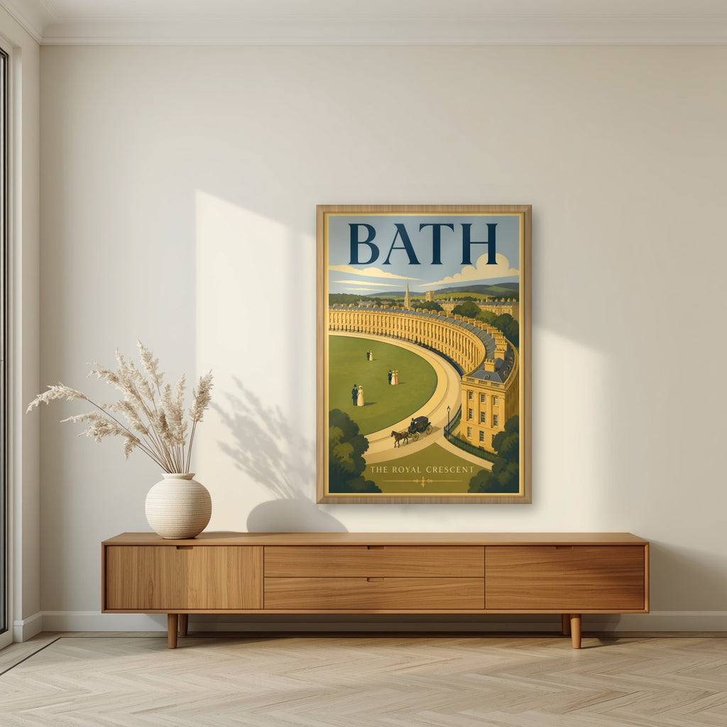 The Royal Crescent in an oak frame, above a walnut sideboard in a living room