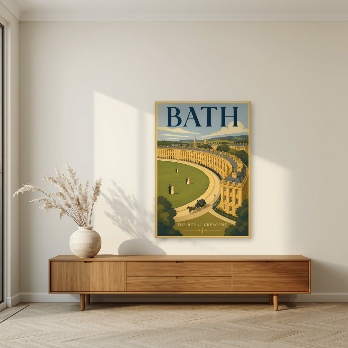 The Royal Crescent as an unframed print, above a walnut sideboard in a living room
