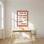 Text Me If You Run Out of Toilet Paper – Coral Clay art print, unframed poster, styled in a kitchen
