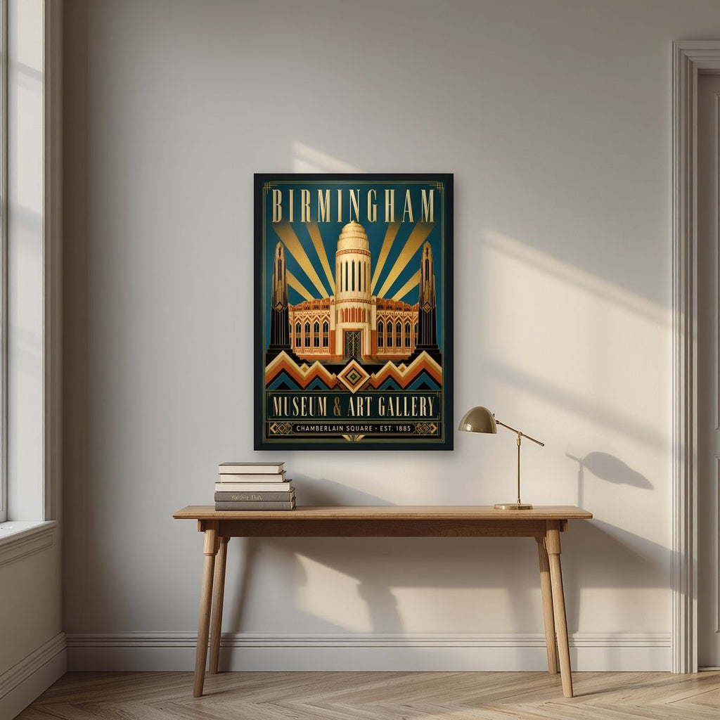Chamberlain Square — Birmingham art print, in a black frame, styled in a desk
