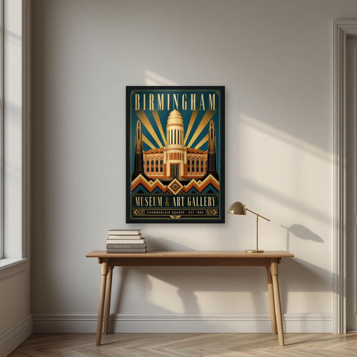 Chamberlain Square — Birmingham art print, in a black frame, styled in a desk