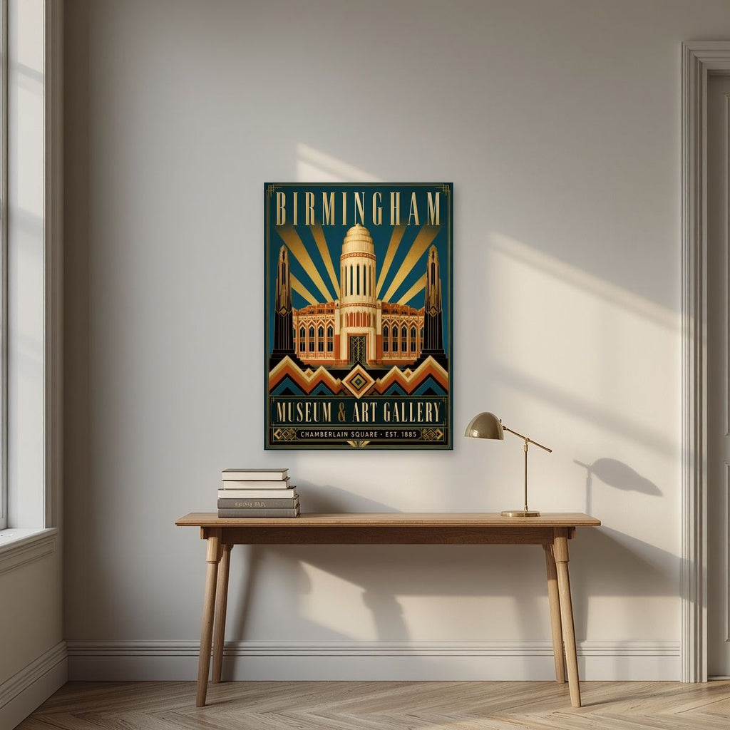 Chamberlain Square — Birmingham art print, unframed poster, styled in a desk