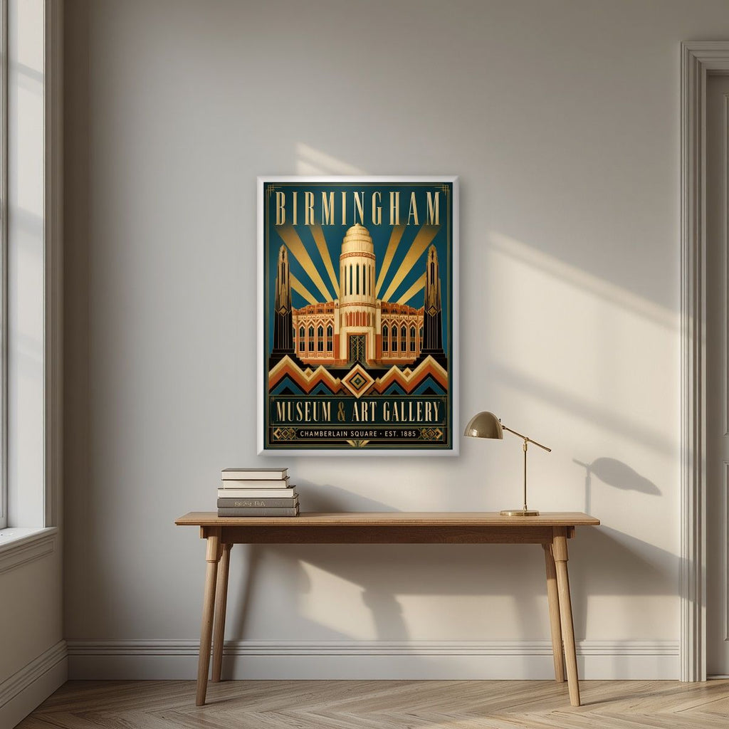 Chamberlain Square — Birmingham art print, in a white frame, styled in a desk