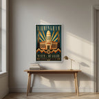 Chamberlain Square — Birmingham art print, in a white frame, styled in a desk