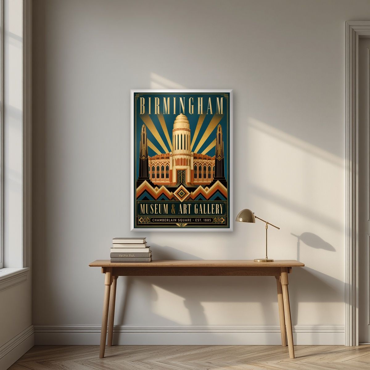 Chamberlain Square — Birmingham art print, in a white frame, styled in a desk