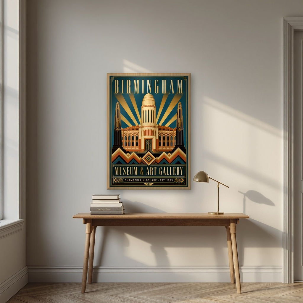 Chamberlain Square — Birmingham art print, in an oak frame, styled in a desk