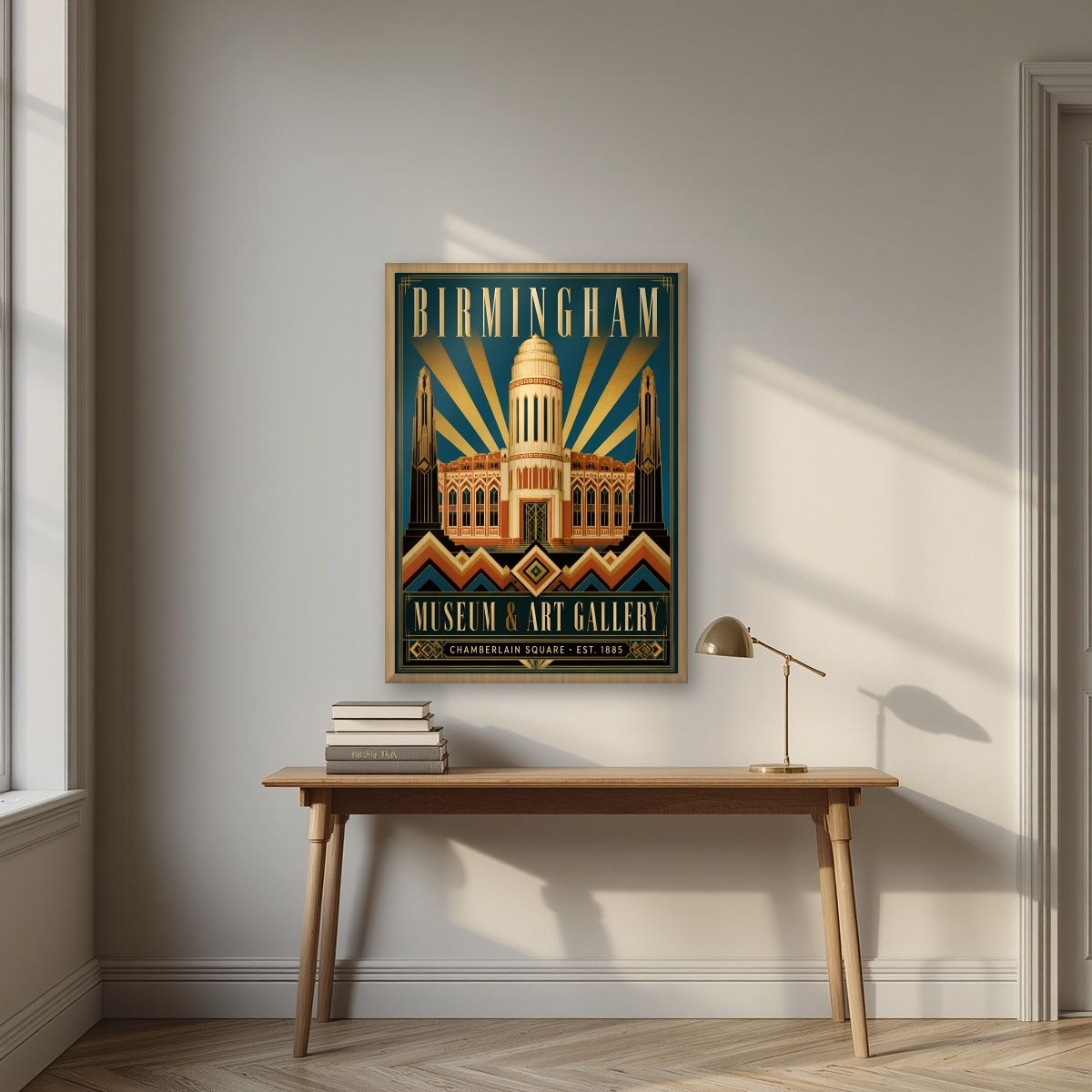 Chamberlain Square — Birmingham art print, in an oak frame, styled in a desk