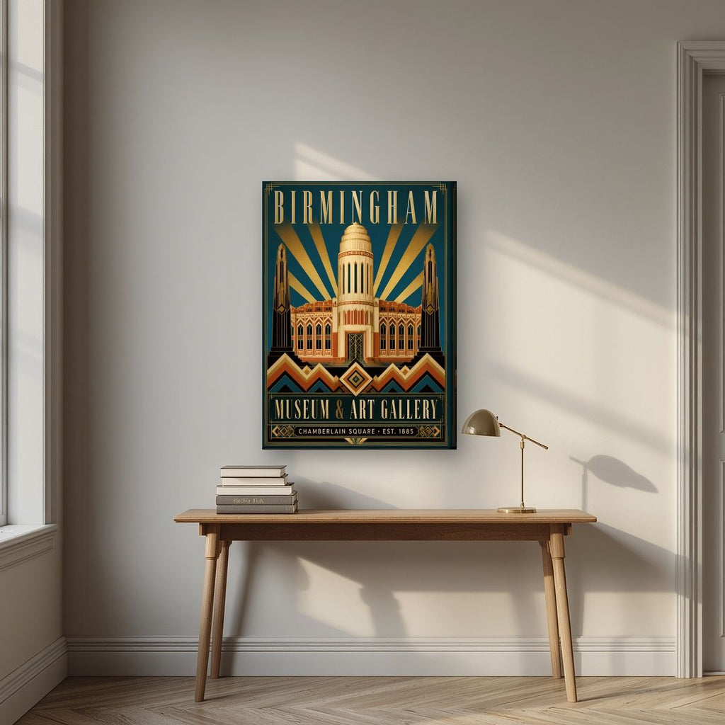 Chamberlain Square — Birmingham art print, on slim canvas, styled in a desk