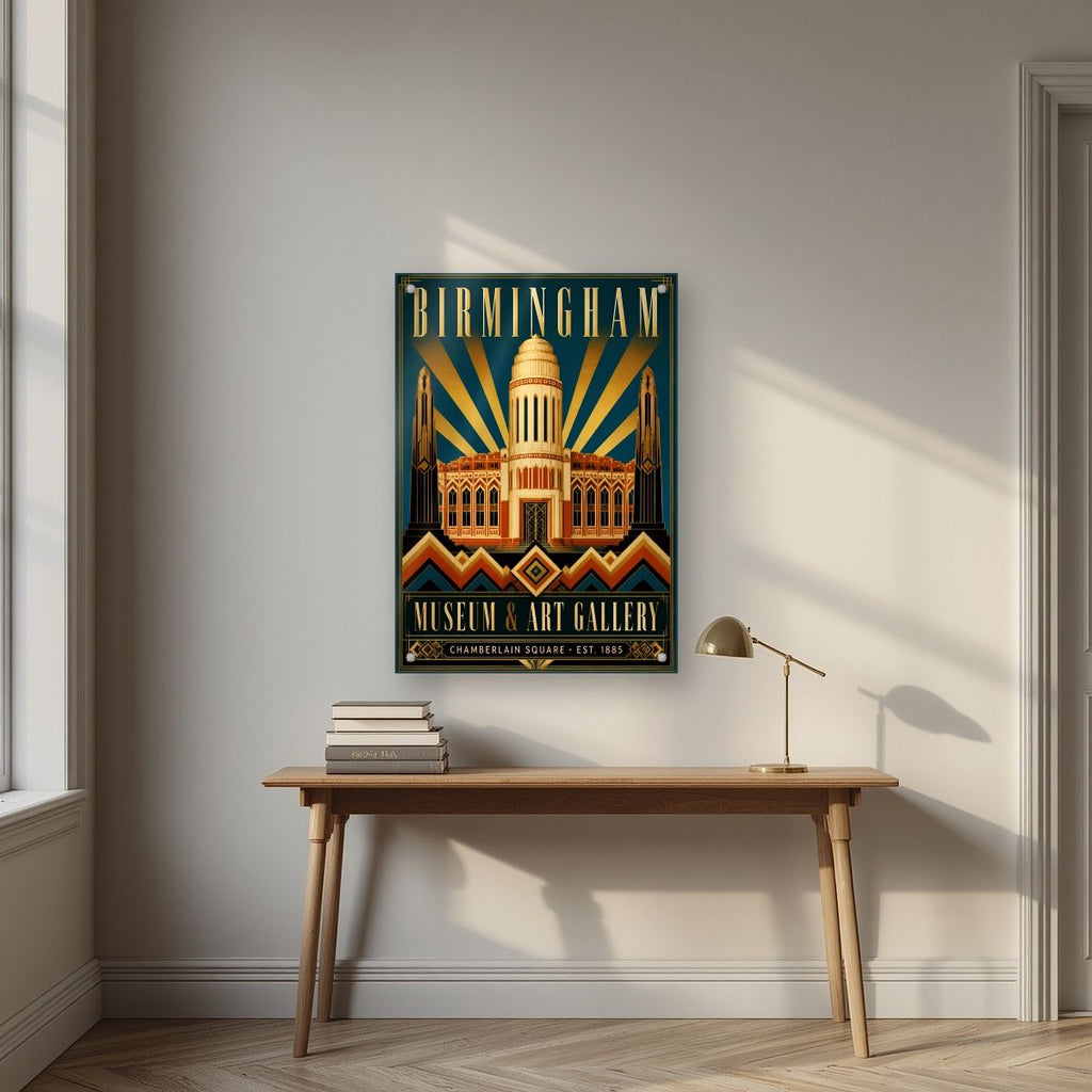 Chamberlain Square — Birmingham art print, as an acrylic print, styled in a desk