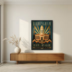 Chamberlain Square — Birmingham art print, in a black frame, styled in a living room