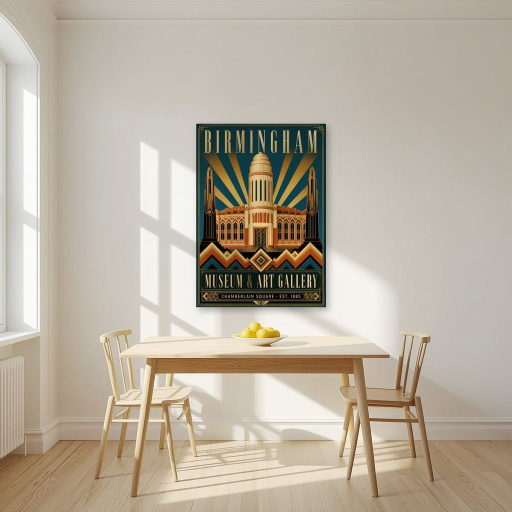 Chamberlain Square — Birmingham art print, unframed poster, styled in a kitchen