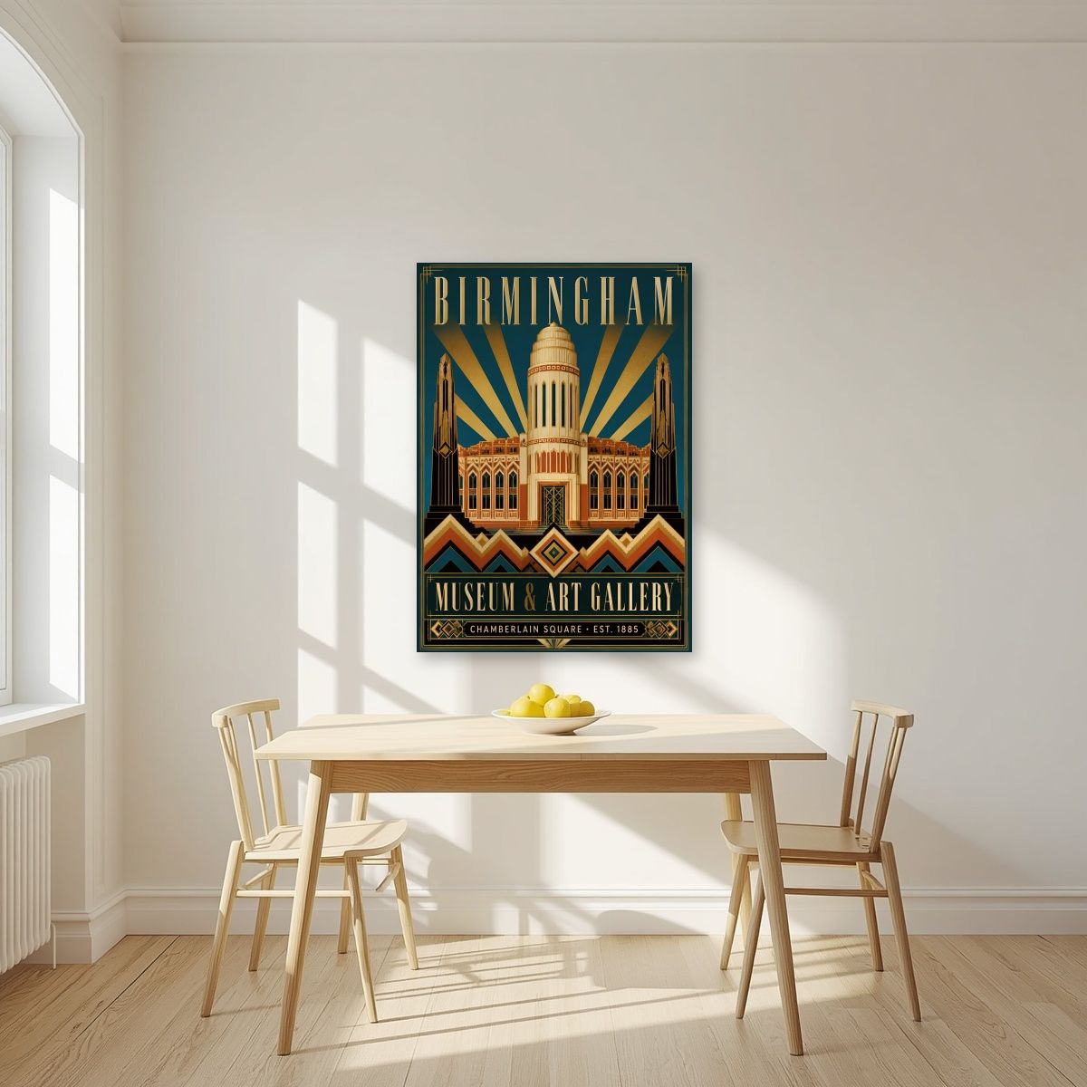 Chamberlain Square — Birmingham art print, unframed poster, styled in a kitchen