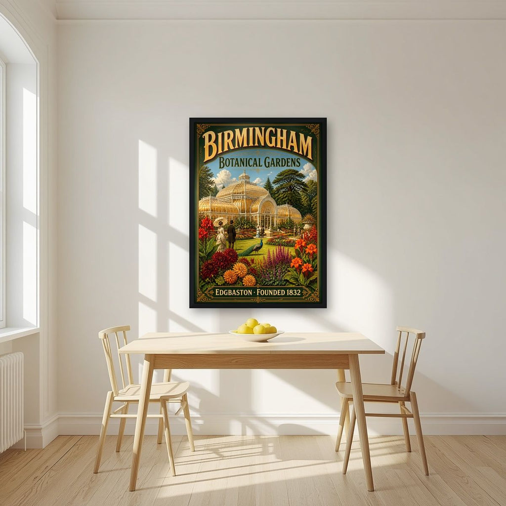 Edgbaston Glasshouse — Birmingham art print, in a black frame, styled in a kitchen