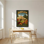 Edgbaston Glasshouse — Birmingham art print, in a black frame, styled in a kitchen