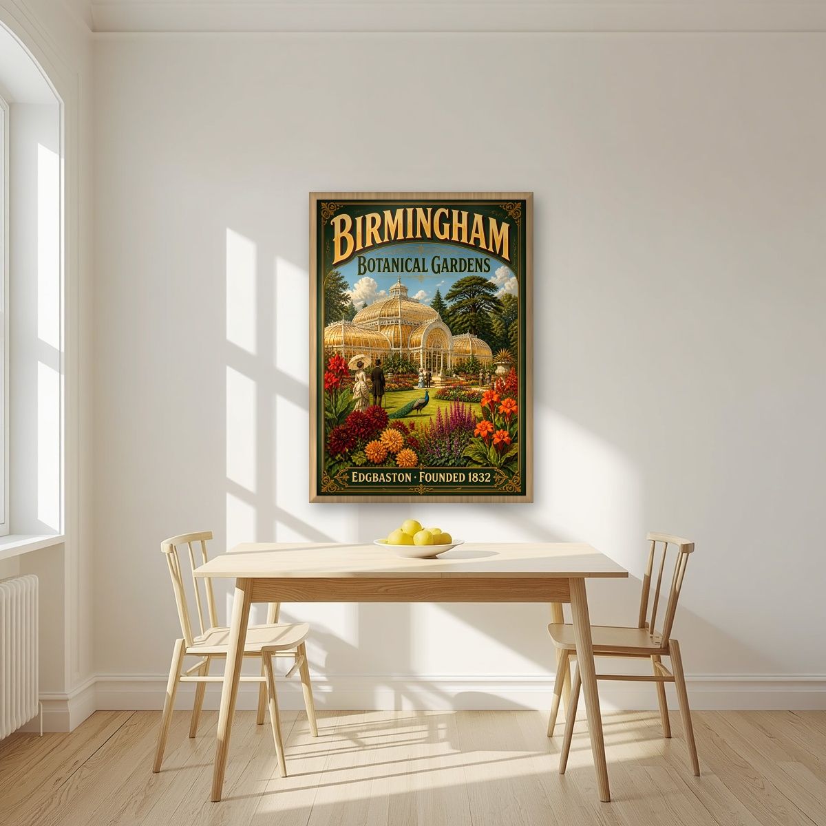 Edgbaston Glasshouse — Birmingham art print, in an oak frame, styled in a kitchen
