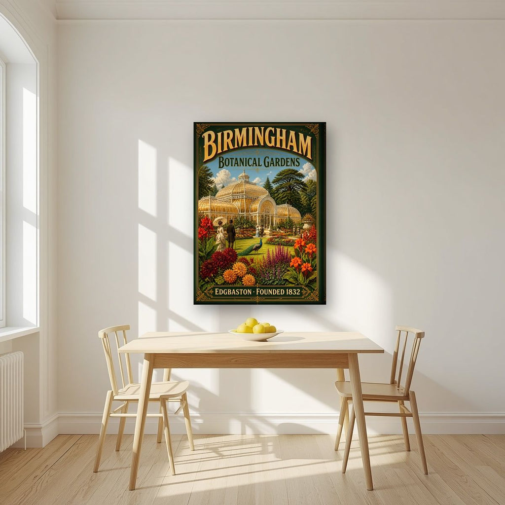 Edgbaston Glasshouse — Birmingham art print, on slim canvas, styled in a kitchen