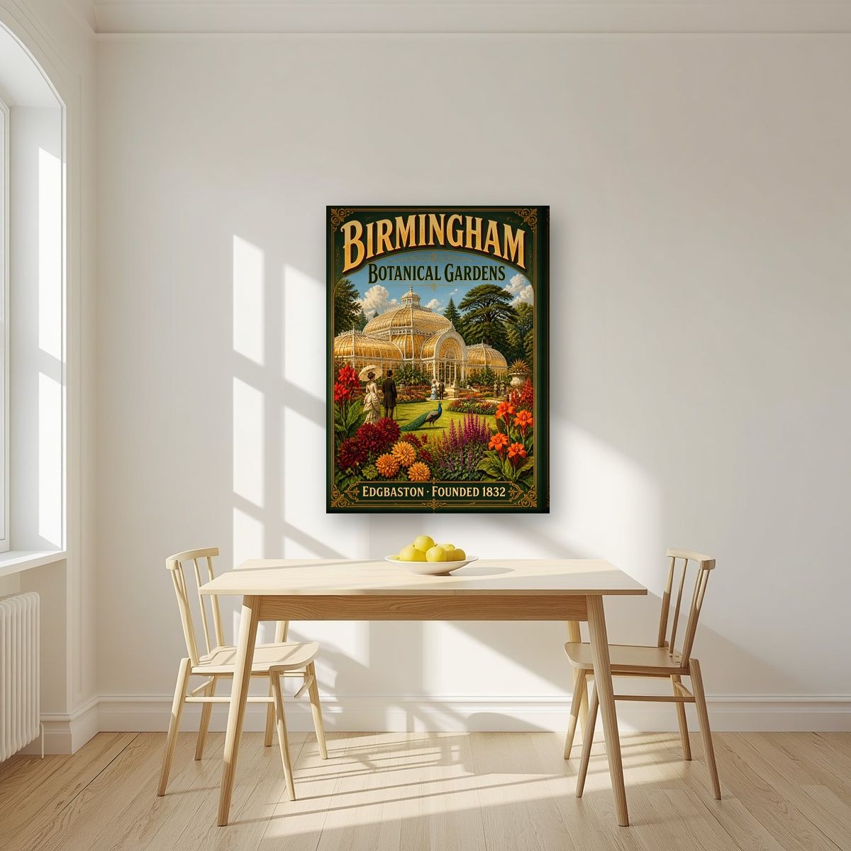 Edgbaston Glasshouse — Birmingham art print, on slim canvas, styled in a kitchen
