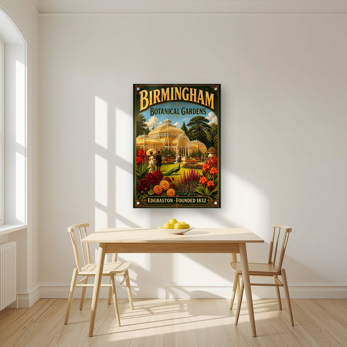 Edgbaston Glasshouse — Birmingham art print, as an acrylic print, styled in a kitchen