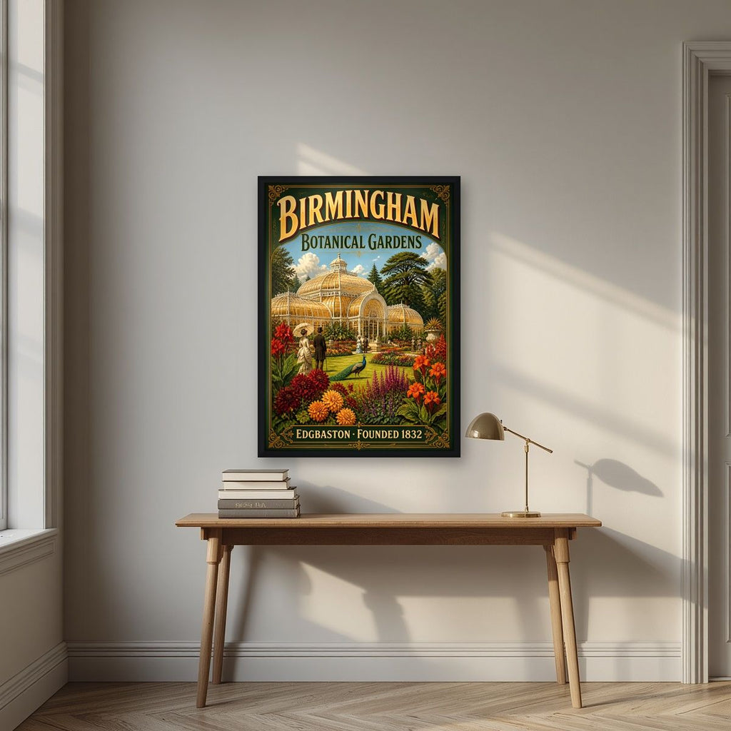 Edgbaston Glasshouse — Birmingham art print, in a black frame, styled in a desk