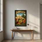 Edgbaston Glasshouse — Birmingham art print, in a black frame, styled in a desk