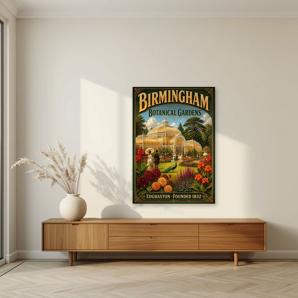 Edgbaston Glasshouse — Birmingham art print, unframed poster, styled in a living room