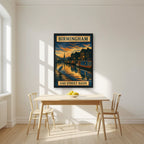 Gas Street Basin — Birmingham art print, in a black frame, styled in a kitchen