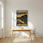 Gas Street Basin — Birmingham art print, in a white frame, styled in a kitchen