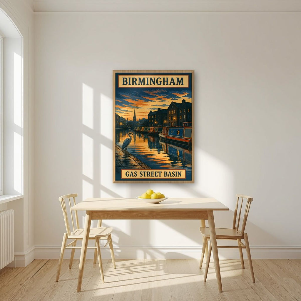 Gas Street Basin — Birmingham art print, in an oak frame, styled in a kitchen