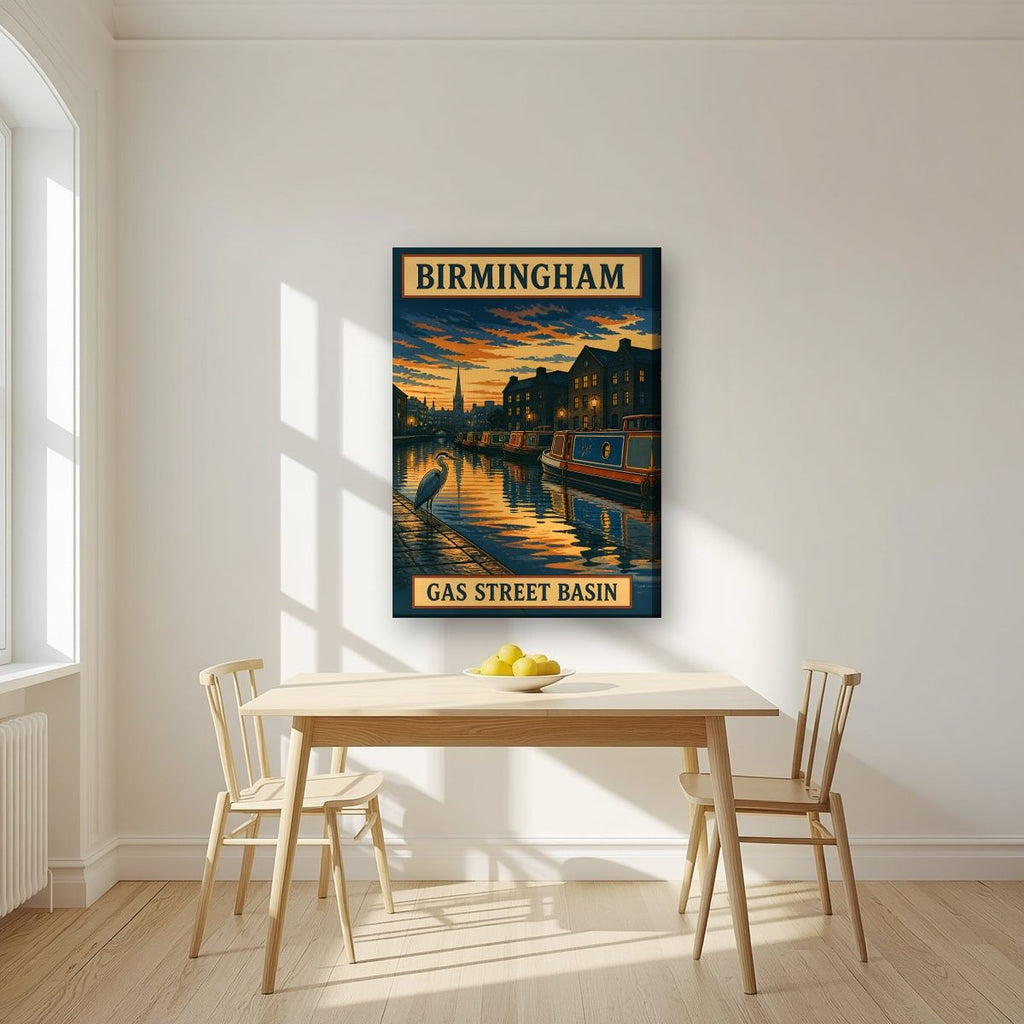 Gas Street Basin — Birmingham art print, on slim canvas, styled in a kitchen