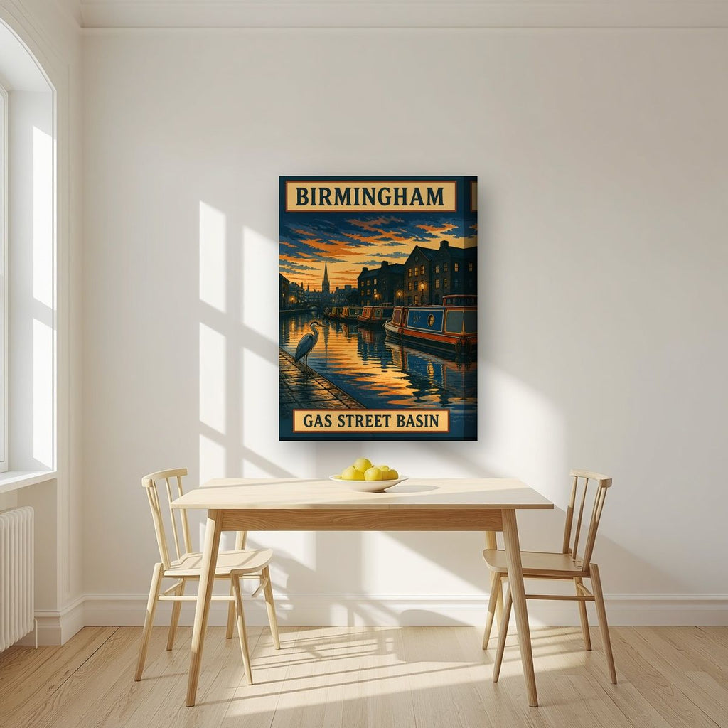 Gas Street Basin — Birmingham art print, on thick canvas, styled in a kitchen