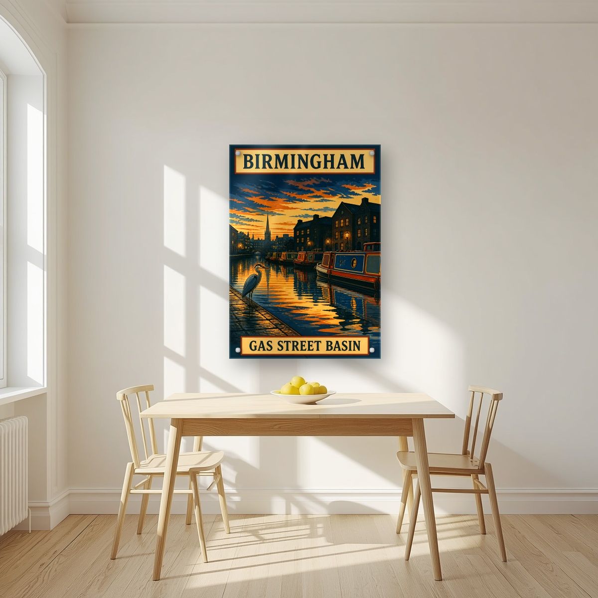 Gas Street Basin — Birmingham art print, as an acrylic print, styled in a kitchen