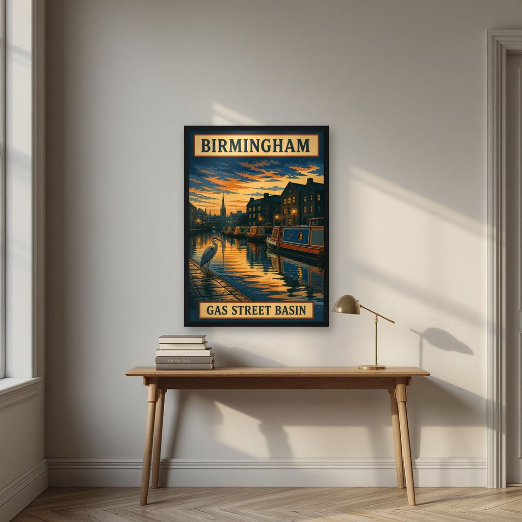 Gas Street Basin — Birmingham art print, in a black frame, styled in a desk