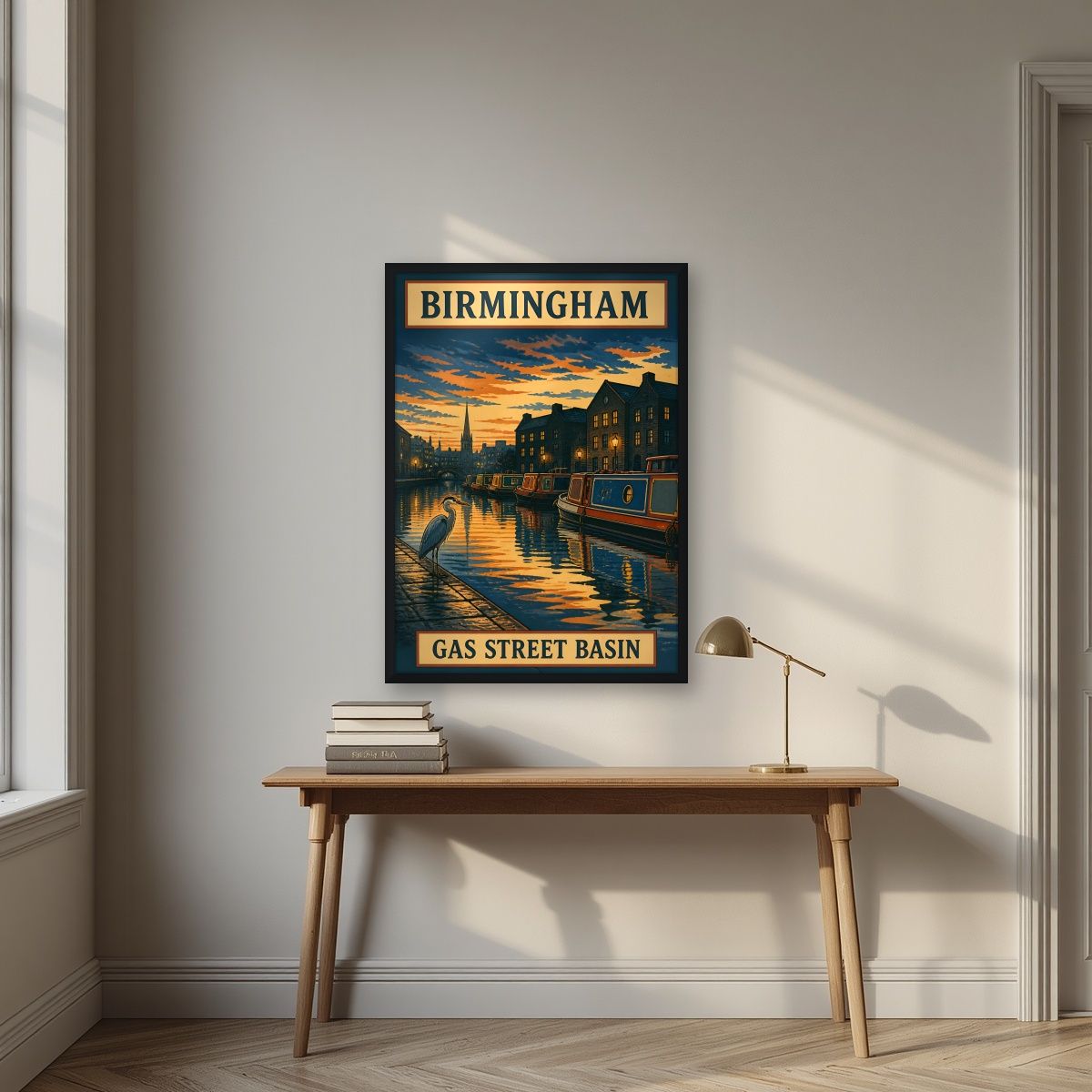 Gas Street Basin — Birmingham art print, in a black frame, styled in a desk