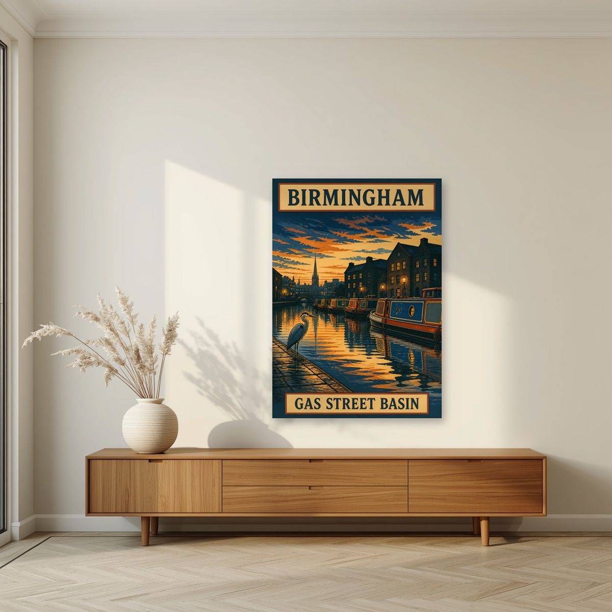 Gas Street Basin — Birmingham art print, unframed poster, styled in a living room