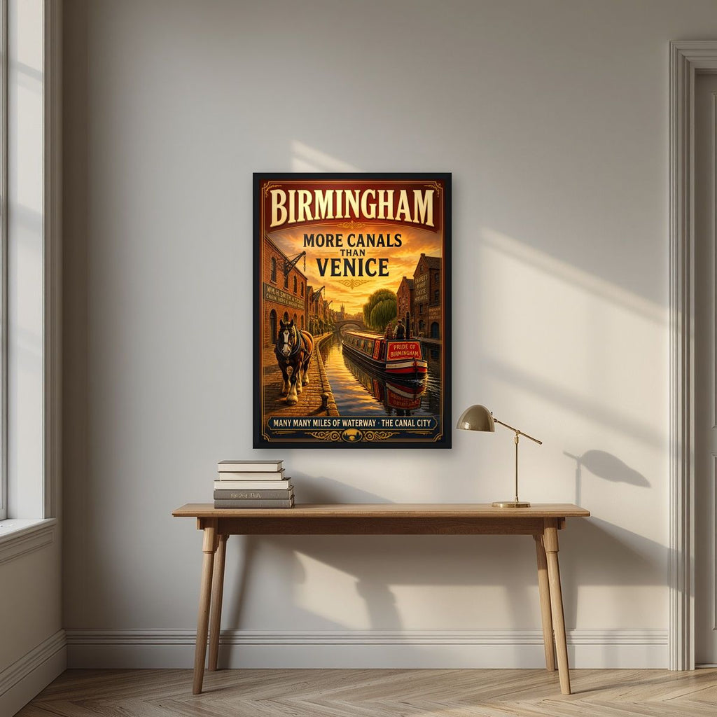 More Canals Than Venice — Birmingham art print, in a black frame, styled in a desk