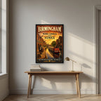 More Canals Than Venice — Birmingham art print, in a black frame, styled in a desk