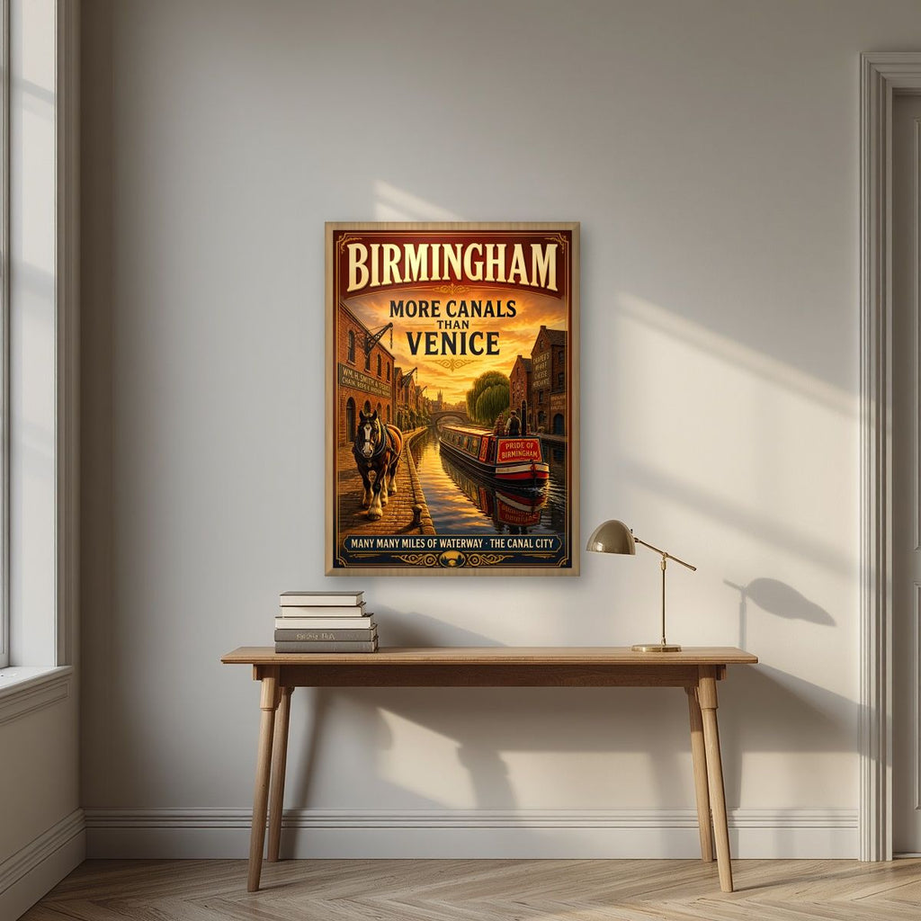 More Canals Than Venice — Birmingham art print, in an oak frame, styled in a desk