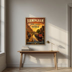More Canals Than Venice — Birmingham art print, in an oak frame, styled in a desk