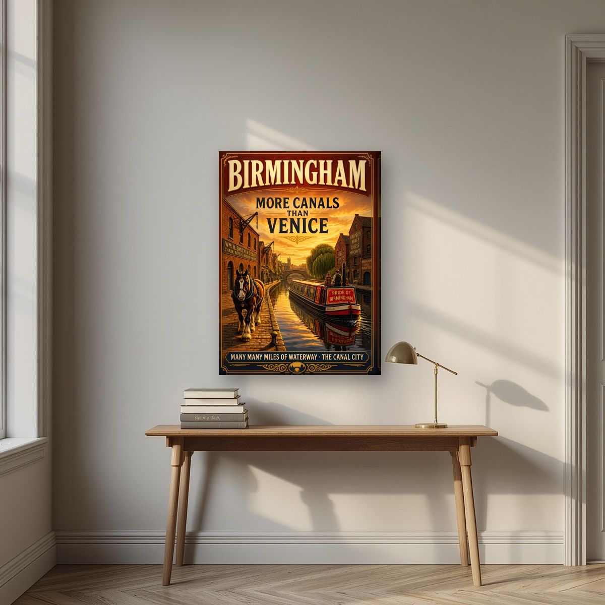 More Canals Than Venice — Birmingham art print, on slim canvas, styled in a desk
