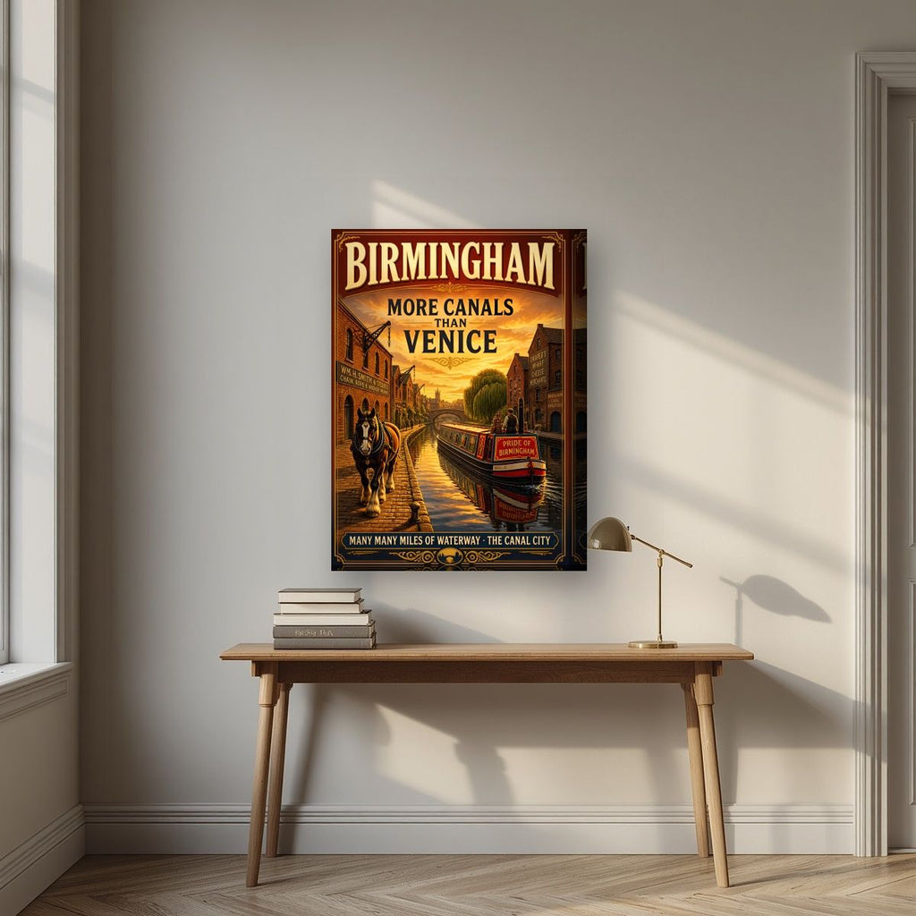 More Canals Than Venice — Birmingham art print, on thick canvas, styled in a desk