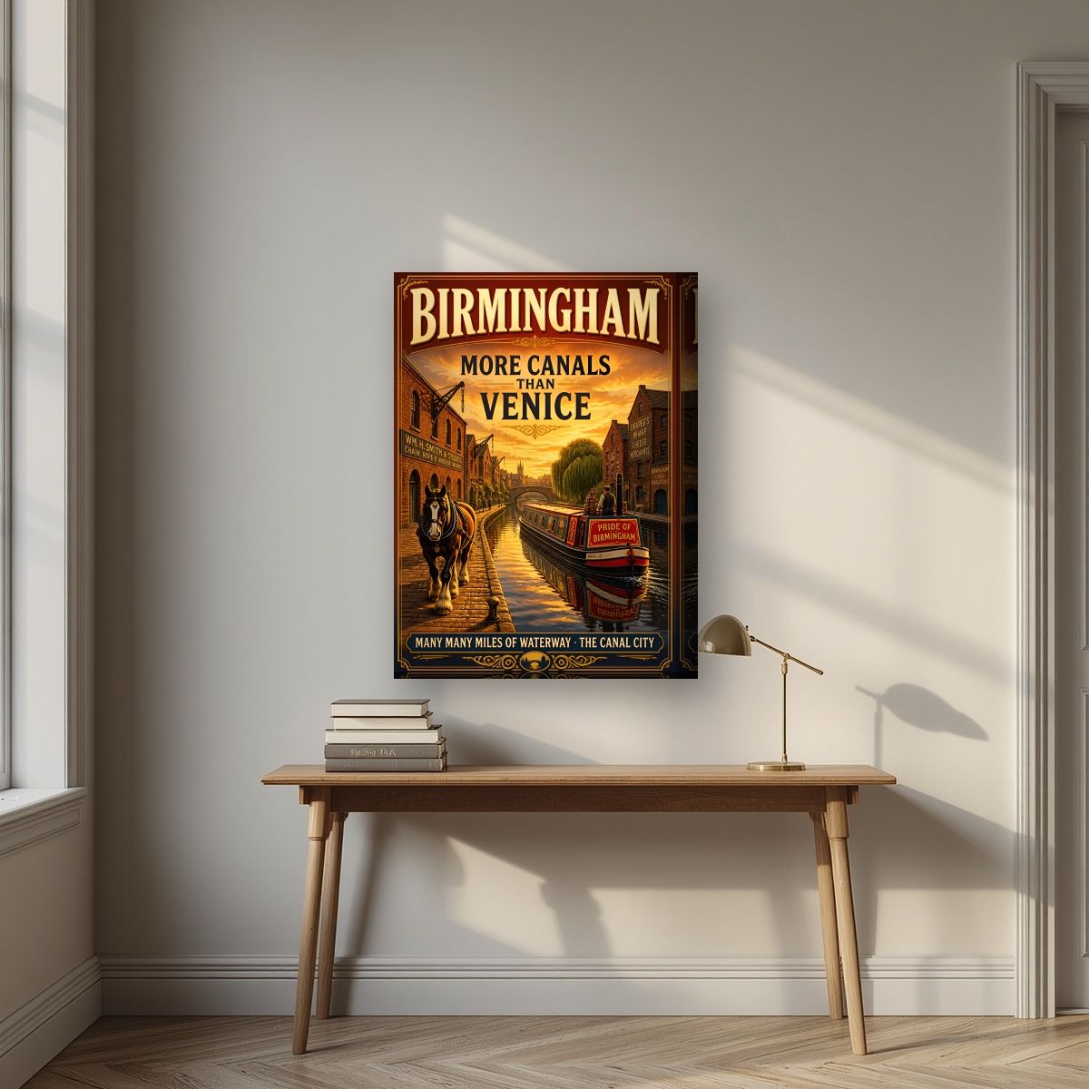 More Canals Than Venice — Birmingham art print, on thick canvas, styled in a desk