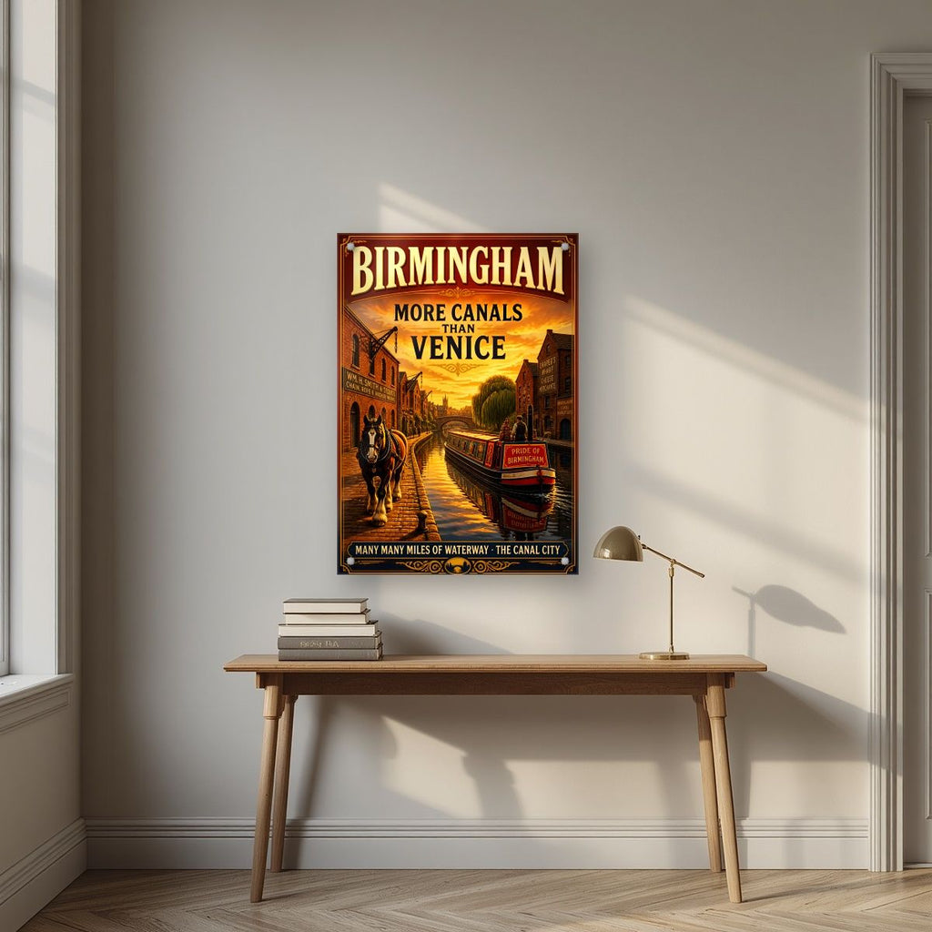 More Canals Than Venice — Birmingham art print, as an acrylic print, styled in a desk