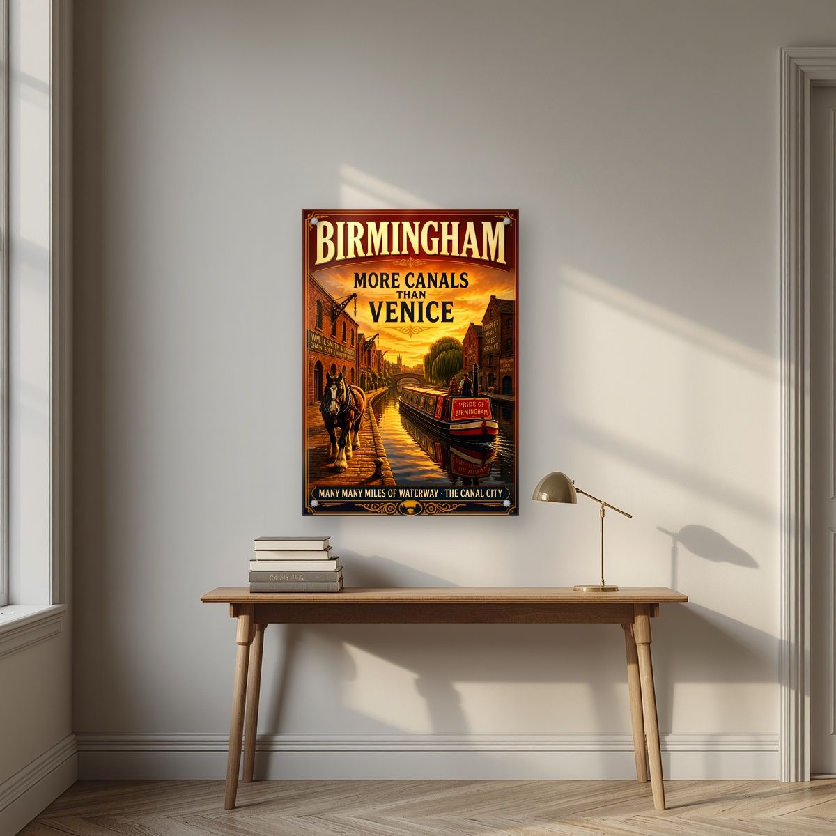 More Canals Than Venice — Birmingham art print, as an acrylic print, styled in a desk